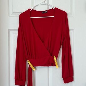 Fashion Nova Red Blouse with Long Sleeves and Tie Front